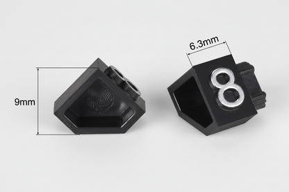 Black plastic component with measurements on a white background
