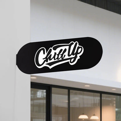 Black and white logo on a glass door