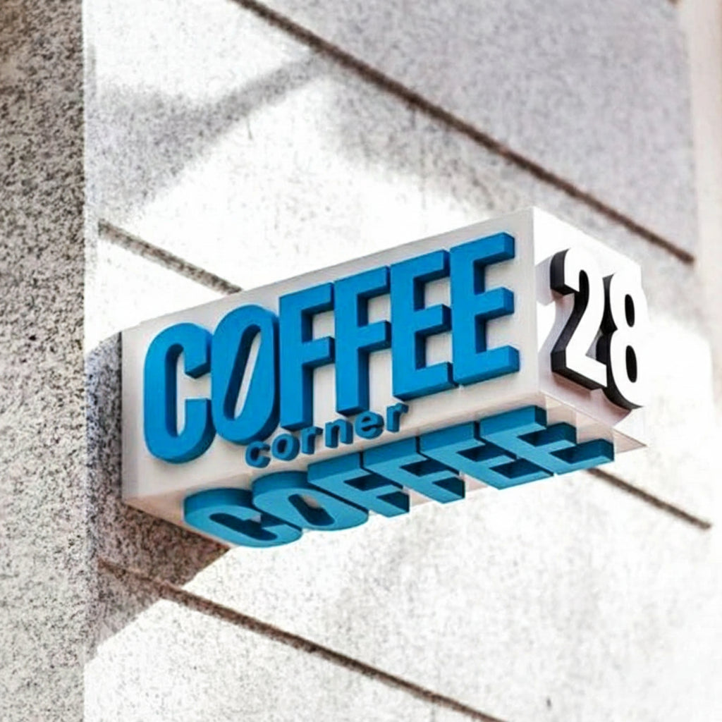 Blue 'COFFEE 28' sign on a textured wall