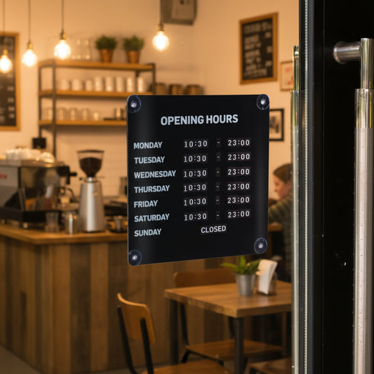 Opening hours sign on a door with a bar interior in the background