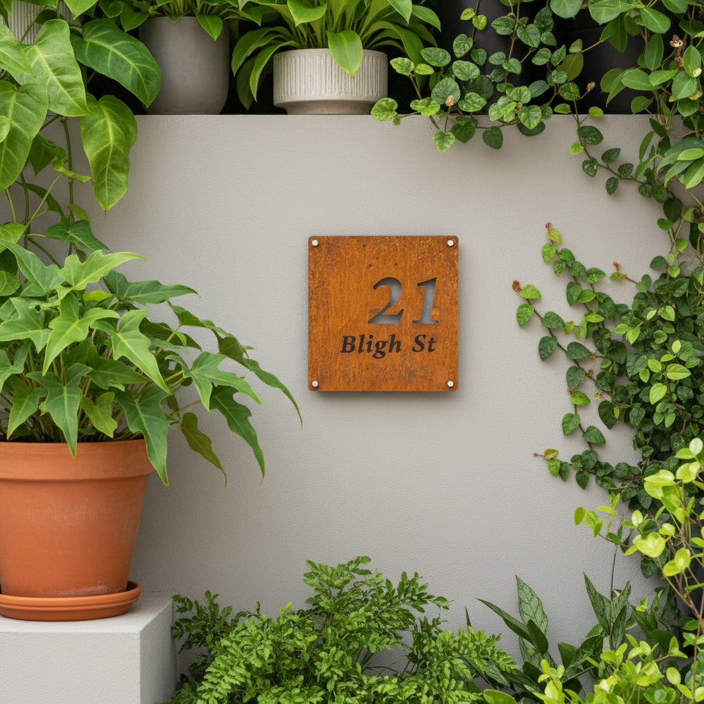 Rust-colored house number sign with '21 Bligh St' on a rusted metal background