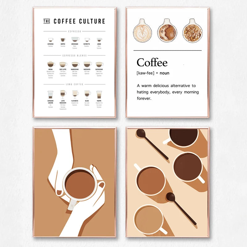 Set of four coffee-themed posters on a white background