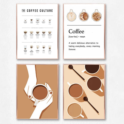 Set of four coffee-themed posters on a white background