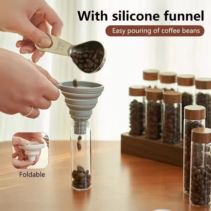 Silicone funnel being used to pour coffee beans into a container with text highlighting features.
