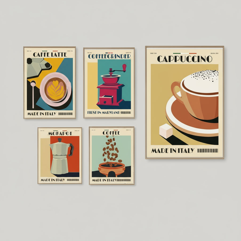 Set of coffee-themed posters on a wall above a wooden table with decorative items.