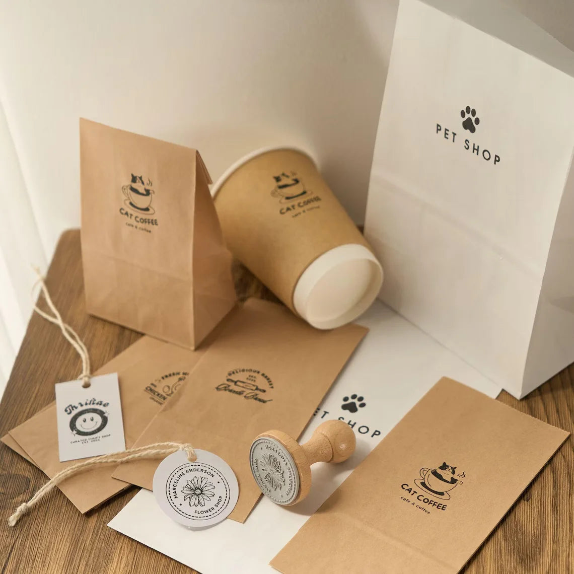 Kraft paper products with a pet-themed design on a wooden surface