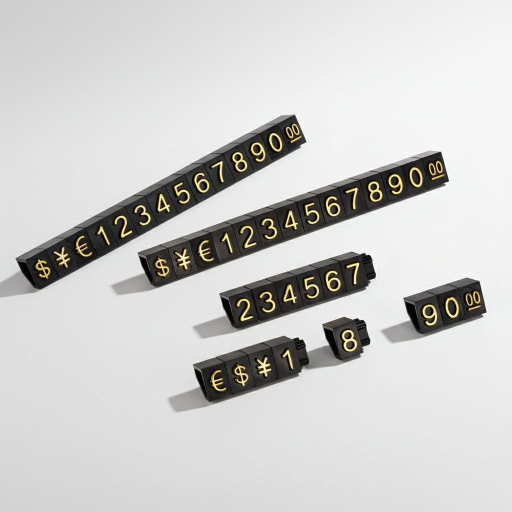 Set of black number tiles with yellow symbols 