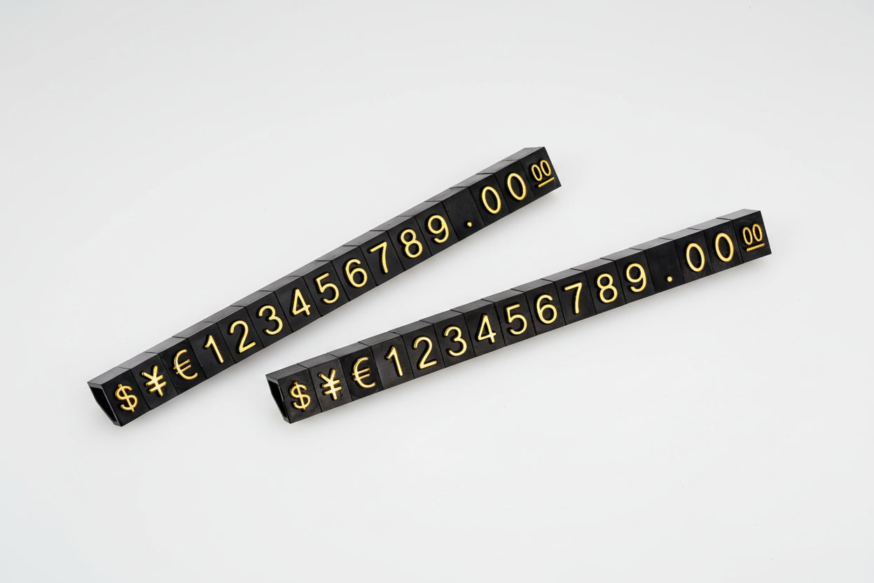 Two black number strips with gold numbers and symbols 