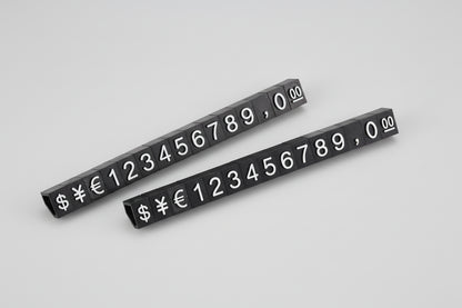 Two black number strips with symbols on a white background
