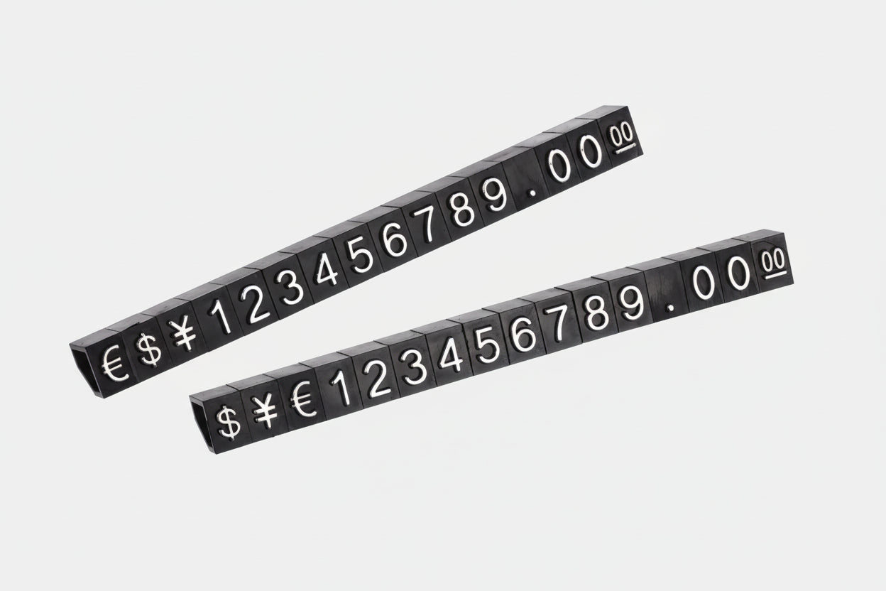 Two black number strips with white numbers and symbols on a white background