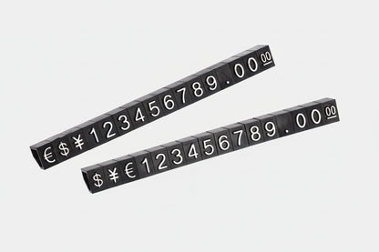 Two black number strips with white numbers and symbols on a white background