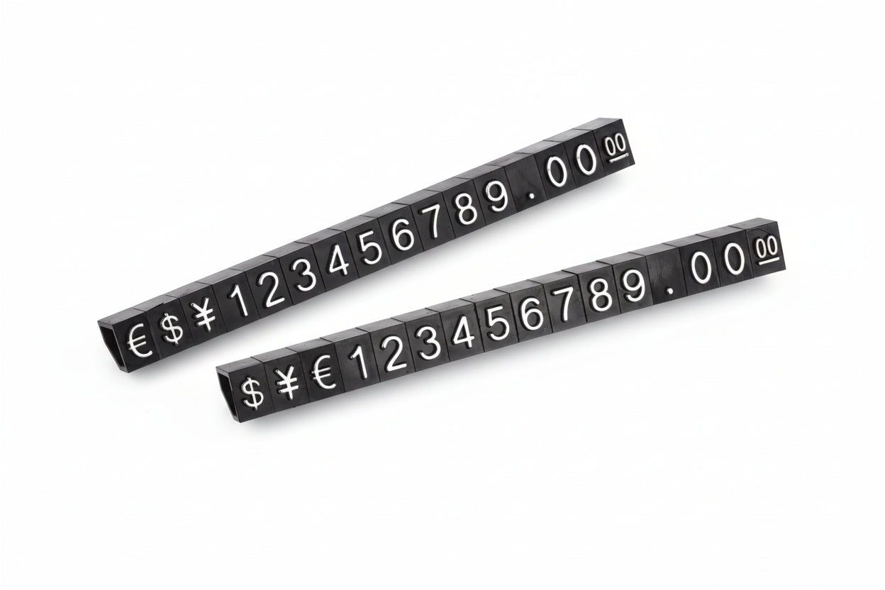 Two black number strips with white numbers and symbols on a white background