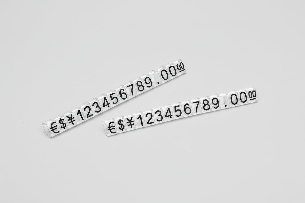Two white price labels with black text 