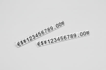 Two white price labels with black text 